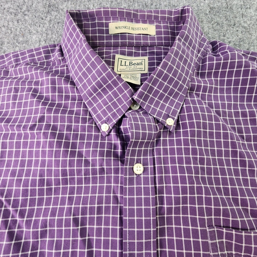 LL Bean Shirt Mens XXL Tall Purple White Check Button Down Wrinkle Resistant - Picture 4 of 11